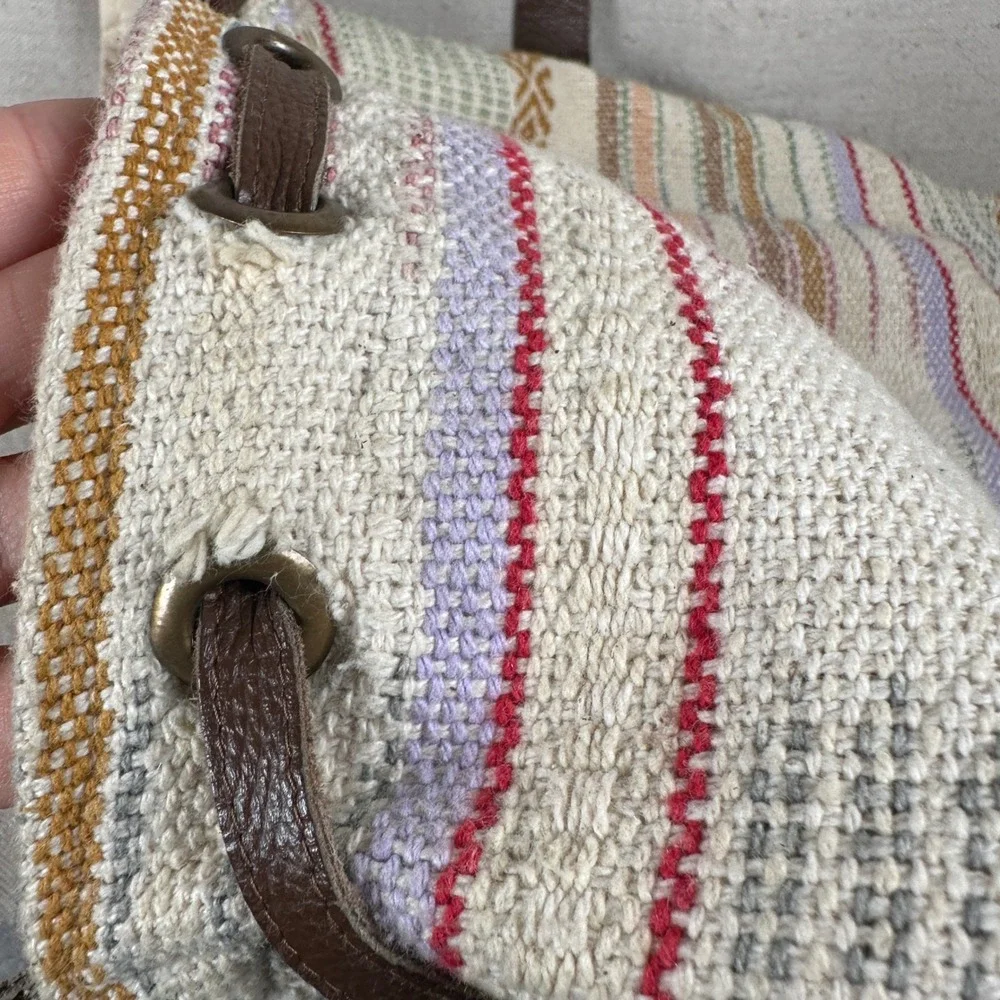 Lovestitch Woven Boho Crossbody Bag Striped Tassel Drawstring Cream Tapestry Pom